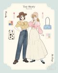  2girls blonde_hair blue_eyes bo_peep_(toy_story) boots brown_hair cowboy_boots cowboy_hat cowboy_western cowgirl_(western) dress genderswap hat highres long_hair long_sleeves meecosme multiple_girls pants puffy_sleeves ribbon sheriff_woody shirt short_hair simple_background smile toy_story 