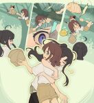  2girls absurdres ahoge awa_subaru black_hair blue_eyes brown_hair calico_(pattern) calico_cat cat climbing_tree closed_eyes day ekcl93 english_text falling girls_band_cry highres hug iseri_nina long_hair low_twintails multiple_girls one_eye_closed open_mouth outdoors ponytail shirt shorts speech_bubble t-shirt tree twintails visor_cap yuri 