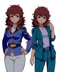  1girl amuro_ray aqua_jacket aqua_pants artist_name belt black_belt blue_eyes blue_jacket breasts brown_hair char&#039;s_counterattack closed_mouth commentary_request cowboy_shot earth_federation_space_forces genderswap genderswap_(mtf) gundam hand_up hands_on_own_hips highres jacket long_hair looking_at_viewer military_uniform multiple_views pant_suit pants parted_lips purple_shirt shirt simple_background small_breasts suit sweatdrop twitter_username white_background white_pants white_shirt yy0880yy 