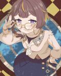  1girl adjusting_eyewear anya_melfissa anya_melfissa_(indonesian_casual) black_skirt blonde_hair blouse braid brown_hair brown_shirt checkered_background eyewear_strap glasses half-skirt hand_on_eyewear hand_on_own_hip highres hololive hololive_indonesia long_sleeves looking_at_viewer multicolored_hair neckerchief nya_amakusa official_alternate_costume pleated_skirt purple_eyes shirt short_hair side_braid skirt smile smug solo streaked_hair virtual_youtuber white_neckerchief white_skirt wrist_cuffs yellow-framed_eyewear 