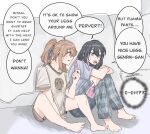  2girls barefoot black_hair blue_eyes blue_pants blue_ribbon brown_hair commentary elephon english_commentary english_text food hair_ribbon highres holding holding_food holding_popsicle miyagi_shiori multiple_girls open_mouth pants parted_lips plaid_clothes plaid_pants ponytail popsicle purple_shirt ribbon sendai_hazuki shirt short_sleeves shuuniichido_classmate_wo_kau_hanashi sitting smile speech_bubble sweat toes white_shirt yuri 