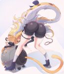  1girl absurdres animal_ears ass bent_over black_gloves black_shorts blonde_hair blue_shoes fingerless_gloves from_behind full_body glint gloves green_eyes highres jacket ju_fufu kara_mana0 long_hair shoes shorts simple_background socks solo tail thigh_strap tiger_ears tiger_girl tiger_tail white_hair white_socks yellow_jacket zenless_zone_zero 