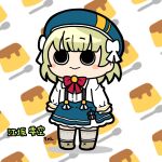  1girl :&gt; arms_at_sides assault_lily beret blonde_hair blue_hat blue_skirt blunt_bangs blush bow bowtie brown_shoes character_name chibi closed_mouth commentary esaka_shizuku food food-themed_background frilled_skirt frills full_body grey_thighhighs hair_bow hat herensuge_girls_academy_school_uniform highres konpeitoull_(c12h22o11_tr_6) long_sleeves looking_ahead looking_up medium_hair miniskirt pudding red_bow red_bowtie school_uniform shirt shoes skirt smile solid_circle_pupils solo spoon standing suspender_skirt suspenders thighhighs translated white_background white_bow white_shirt zettai_ryouiki 