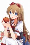  1girl :o absurdres apple blue_eyes blush bow braid brown_hair dress elbows_on_knees food fruit hair_between_eyes hair_bow hands_up highres holding holding_food holding_fruit idolmaster idolmaster_million_live! kousaka_umi long_hair looking_at_viewer nail_polish nnnn open_mouth puffy_short_sleeves puffy_sleeves red_bow red_nails short_sleeves simple_background solo twin_braids upper_body white_background 