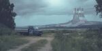  absurdres architecture building cloud cloudy_sky company_name day grass highres motor_vehicle nature no_humans outdoors pickup_truck rain river road scenery science_fiction simon_stalenhag sky swedish_machines tree truck water 