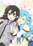  1girl asuna_(sao) asuna_(sao-alo) black_eyes black_hair blue_hair closed_eyes hug kirito kirito_(sao-ggo) long_hair minato_(marumira) otoko_no_ko pointy_ears sword_art_online 