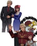  1boy 1girl amuro_ray anger_vein arm_hug black_cape black_jacket black_pants black_shirt black_vest blonde_hair blue_dress blue_eyes braid braided_bun brown_hair cape char&#039;s_counterattack char_aznable closed_mouth collared_dress collared_shirt colored_skin commentary_request couple cropped_legs dress genderswap genderswap_(mtf) gundam hair_bun hair_over_shoulder hair_up hand_up hetero highres jacket long_hair long_sleeves matt_groening_(style) military_uniform multiple_views necktie neo_zeon pants parted_lips red_necktie shirt short_hair simple_background strangling suit suit_jacket the_simpsons tongue tongue_out two-tone_dress upper_body vest white_background yellow_skin yy0880yy 
