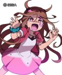  1girl aqua_scrunchie brown_eyes brown_hair claw_pose copyright_notice cropped_jacket dress facial_tattoo heart heart_necklace heart_tattoo jacket jewelry kagami_tina long_hair looking_at_viewer mushiking necklace official_art open_clothes open_jacket open_mouth puffy_short_sleeves puffy_sleeves red_jacket scrunchie shin_kouchuu_ouja_mushiking shirataki short_sleeves simple_background tattoo tearing_up two_side_up white_background 