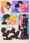  1girl 2boys ahoge akamatsu_kaede bisexual_male black_hair black_jacket blonde_hair blue_sky blush buttons checkered_clothes checkered_scarf collared_shirt danganronpa_(series) danganronpa_v3:_killing_harmony ear_piercing english_commentary english_text flipped_hair grid_background grin hair_between_eyes hair_ornament heart height_difference highres holding holding_hands hug jacket kiss kissing_forehead long_hair long_sleeves lying lying_on_person medium_hair multiple_boys musical_note musical_note_hair_ornament necktie nobi33ka oma_kokichi on_back pants piercing pink_sweater_vest pink_vest pinstripe_jacket pinstripe_pants pinstripe_pattern pleated_skirt polygamy profile purple_eyes purple_hair saihara_shuichi scarf school_uniform shirt short_hair shy skirt sky sleeping sleeping_together smile standing striped_clothes striped_jacket striped_pants sweater_vest two-tone_scarf vest 