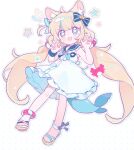  1girl ahoge animal_ears ankleband blonde_hair blue_eyes blue_hair blue_neckerchief blue_sailor_collar blush_stickers bow buttons cat_ears claw_pose crab dress fang fanqiealxe fins fish_girl fish_tail frilled_dress frills hair_bow highres indie_virtual_youtuber jewelry kaniki_(sameko_saba) lifebuoy_hair_ornament lifebuoy_ornament long_hair low_twintails multicolored_hair neckerchief open_mouth outline sailor_collar sameko_saba sandals scrunchie shark_tail simple_background single_blush_sticker sleeveless sleeveless_dress smile solo star_(symbol) star_in_eye symbol_in_eye tail twintails two-tone_hair very_long_hair virtual_youtuber white_background white_dress wrist_scrunchie 