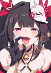  1girl bare_shoulders bell blunt_bangs brown_hair choker commentary_request criss-cross_halter detached_sleeves fellatio_gesture flower_tattoo fox_mask gloves hair_bell hair_ornament halterneck highres honkai:_star_rail honkai_(series) light_blush long_hair mask mask_on_head neck_bell open_mouth oral_invitation pink_eyes solo sparkle_(honkai:_star_rail) tattoo tongue tongue_out twintails yomiji292 
