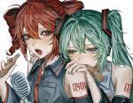  2girls absurdres aegyo_sal airen_kori aqua_eyes aqua_hair aqua_nails arm_tattoo bare_shoulders black_sleeves blush bottle crossed_bangs detached_sleeves grey_shirt hair_between_eyes hand_fan hands_on_another&#039;s_shoulders hatsune_miku highres holding holding_bottle holding_fan kasane_teto long_hair multiple_girls number_tattoo open_mouth red_eyes red_hair red_nails shirt sidelocks sweatdrop tattoo twintails utau vocaloid 