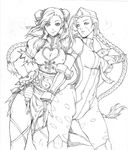  2girls ahoge alternate_costume beret between_breasts bracelet braid breasts cammy_white china_dress chinese_clothes chun-li cleavage cleavage_cutout contrapposto dress fingerless_gloves garrison_cap gloves hand_holding hand_on_hip hat heart_cutout huge_ahoge interlocked_fingers jewelry kenshjn_park leotard lineart long_hair looking_at_viewer monochrome multiple_girls necktie necktie_between_breasts over-kneehighs pelvic_curtain puffy_short_sleeves puffy_sleeves ribbed_leotard ribbon scar short_sleeves spiked_bracelet spikes street_fighter street_fighter_zero thigh_ribbon thighhighs twin_braids yin_yang yuri 