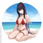  1girl absurdres azur_lane bare_shoulders beach bikini black_hair blue_sky blush breasts chieftain_art13 choker cleavage cloud commentary_request commission copyright_name day front-tie_bikini_top front-tie_top gyaru_v head_tilt highres large_breasts multicolored_hair ocean outdoors pixiv_commission ponytail purple_eyes purple_hair red_bikini side-tie_bikini_bottom sky smile solo strasbourg_(azur_lane) swimsuit thigh_strap thighs two-tone_hair v 