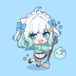  1girl ahoge apron blue_background blue_bow blue_eyes blush bow broom brown_shoes brown_skirt chibi commentary detached_sleeves english_commentary fang gradient_hair green_hair green_shirt green_sleeves hair_bow hair_ornament holding holding_broom indie_virtual_youtuber looking_at_viewer maid_headdress mint_fantome mint_fantome_(minto_2.0) multicolored_hair open_mouth r2salt shadow shirt shoes simple_background skin_fang skirt smile socks solo standing standing_on_one_leg two_side_up virtual_youtuber waist_apron white_apron white_hair white_socks wisps_(mint_fantome) x_hair_ornament 