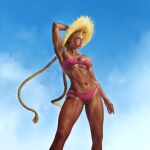  1girl bikini braid breasts cammy_white commentary english_commentary formtheheadcom front-tie_bikini_top front-tie_top hand_on_own_head hat highres low_twin_braids navel official_alternate_costume pink_bikini realistic revision side-tie_bikini_bottom solo standing stomach straw_hat street_fighter street_fighter_6 swimsuit tan tanlines thighs toned toned_female twin_braids 