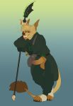 absurd_res anthro balls blue_background blush bottomwear bubble canid canine claws clothing coat drunk drunk_bubble fingerless_gloves genitals gloves green_background handwear hi_res humanoid_genitalia humanoid_penis male mammal pants paws penis simple_background sinisterheaven solo standing substance_intoxication tail tail_tuft tipsy toe_claws tongue tongue_out topwear trenchcoat tuft weapon