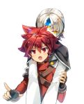  1boy 1girl another_code_(elsword) black_capelet black_gloves blue_gemstone capelet carrying carrying_person elsword elsword_(character) eve_(elsword) fingerless_gloves forehead_jewel gem gloves grey_hair knight_(elsword) long_sleeves myagarin open_mouth pointing red_eyes red_hair red_shirt shirt short_hair simple_background upper_body white_background white_shirt yellow_eyes 