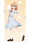  1girl absurdres aqua_eyes blue_dress breast_pocket brown_shoes closed_mouth commentary diagonal-striped_background dress full_body hair_intakes hair_ornament hasu_no_sora_school_uniform highres hinoshita_kaho kara_iroha link!_like!_love_live! loafers looking_at_viewer love_live! medium_dress medium_hair neckerchief orange_background orange_hair outside_border outstretched_arms pillarboxed pleated_dress pocket puffy_short_sleeves puffy_sleeves rabbit_hair_ornament red_neckerchief sailor_collar sailor_dress school_uniform shoes short_sleeves simple_background smile socks solo split_mouth star_(symbol) striped_background summer_uniform two_side_up virtual_youtuber white_sailor_collar white_socks 