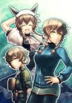 3girls alternate_costume amane_suzuha amane_suzuha_(beta) arm_up belt_around_waist belt_buckle bike_shorts blue_jacket braid breasts brown_hair buckle buttons camouflage camouflage_jacket closed_eyes enmaided from_side frown hand_on_own_hip happy highres jacket lace-trimmed_sleeves lace_trim long_hair maid mayqueen_maid_uniform medium_breasts multiple_girls multiple_persona open_mouth pouch puffy_short_sleeves puffy_sleeves ribbon-trimmed_hairband serious short_sleeves sideboob sleeves_rolled_up smile square_pupils steins;gate taba_neruko tongue track_jacket twin_braids v-shaped_eyebrows zipper zipper_pull_tab 