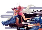  1boy 1girl alternate_form arm_tattoo artist_name boots character_name charlotte_linlin coat coat_on_shoulders commentary curled_horns dragon_horns dress epaulettes floating_hair high_heel_boots high_heels horns k164 kaidou_(one_piece) long_hair looking_ahead one_piece pink_dress pink_hair sidelocks tattoo 
