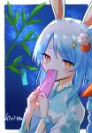  1girl animal_ear_fluff animal_ears blue_hair blush braid carrot_hair_ornament commentary_request covered_mouth floral_print flower food-themed_hair_ornament hair_between_eyes hair_flower hair_ornament hands_up highres holding hololive japanese_clothes kimono kiritoma long_hair looking_at_viewer night night_sky orange_eyes print_kimono rabbit-shaped_pupils rabbit_ears red_flower red_rose rose short_eyebrows sky solo star_(sky) star_(symbol) star_hair_ornament starry_sky symbol-shaped_pupils tanabata tanzaku thick_eyebrows twin_braids twintails upper_body usada_pekora virtual_youtuber white_flower white_kimono white_rose 