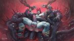 2025 abs anthro anus arm_spikes artist_logo balls biceps black_body black_skin canid canine chest_gem chest_markings claws clenched_teeth deltoids demon erection eyeless facial_scar finger_claws fingerless_(marking) fist fur gem genitals goo_creature group hair hand_on_another&#039;s_leg hands_above_head hi_res horn humanoid logo male male/male mammal markings multicolored_body multicolored_fur neck_spikes nude o_(takahirosi) pec_grab pecs penis red_body red_eyes red_fur red_hair red_horn restrained restrained_by_tentacles scar shoulder_spikes snout snout_scar spiked_tentacles spikes spikes_(anatomy) spread_legs spreading takahirosi teal_body teal_fur teeth tentacle_around_ankle tentacle_around_wrist tentacles text url vein veiny_penis watermark white_body white_fur