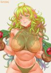  1girl arimatang artist_name bare_shoulders bikini boku_no_hero_academia breasts breasts_apart closed_mouth collarbone covered_nipples curly_hair deku&#039;s_photo_of_hagakure_toru english_commentary gloves gradient_background green_bikini green_eyes green_gloves green_hair grey_background groin hagakure_toru highres large_breasts lips looking_at_viewer messy_hair navel pointing pointing_at_self signature solo sweat swimsuit turtleneck_bikini_top 