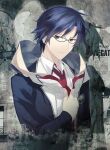  1boy absurdres black_jacket blue_eyes blue_hair chaos;child collared_shirt glasses hair_between_eyes hekiho_academy hekiho_academy_school_uniform highres jacket long_sleeves miyashiro_takuru necktie official_art open_collar red_necktie sasaki_mutsumi school_uniform serious shirt short_hair sumo_sticker_(chaos;child) white_shirt 