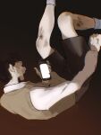  1boy black_shorts brown_vest bruise bruise_on_leg censored censored_identity collared_shirt falling feet_out_of_frame glowing highres holding holding_phone injury macaronijail male_focus oldest_dream omniscient_reader&#039;s_viewpoint outstretched_arm phone shirt shorts socks solo vest white_shirt white_socks 