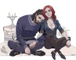  1boy 1girl aqua_eyes beard black_shoes blue_shirt book brown_hair brown_pants byuub couple facial_hair gale_(baldur&#039;s_gate) head_on_another&#039;s_shoulder hetero holding_hands indian_style interlocked_fingers long_hair pants purple_pants purple_shirt red_hair scroll shirt shoes sitting tav_(baldur&#039;s_gate) 