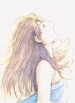  1girl absurdres bare_shoulders bbmasa commentary_request from_side gradient_background grey_background hibike!_euphonium highres liz_to_aoi_tori long_hair looking_up messy_hair purple_hair red_eyes solo strapless traditional_media upper_body yoroizuka_mizore 