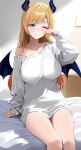  1girl alternate_costume black_horns blonde_hair breasts closed_mouth commentary_request demon_girl demon_horns demon_tail demon_wings gradient_hair green_eyes hand_up haro_art highres hololive horns indoors large_breasts long_hair long_sleeves looking_at_viewer multicolored_hair no_pants on_bed one_eye_closed paid_reward pink_hair pointy_ears single_off_shoulder sitting sleeves_past_wrists solo straight-on sweater swept_bangs tail virtual_youtuber waking_up white_sweater wings yuzuki_choco 