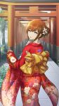  1girl archived_source blue_eyes brown_hair floral_print floral_print_kimono flower from_behind game_cg hair_between_eyes hair_bun hair_flower hair_ornament highres huke japanese_clothes kimono long_sleeves looking_at_viewer looking_back makise_kurisu multiple_torii obi official_alternate_costume official_alternate_hairstyle official_art outdoors parted_lips print_kimono red_kimono sash short_hair solo steins;gate third-party_source torii white_flower wide_sleeves yellow_sash 