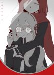  2girls aaniko alternate_costume bespectacled black_shirt brown_hair closed_mouth commentary_request crooked_eyewear double-parted_bangs enpera expressionless facing_viewer glasses gradient_background grey_background hairband hand_on_another&#039;s_cheek hand_on_another&#039;s_face hug hug_from_behind kagerou_project kozakura_marry long_hair long_sleeves looking_at_viewer multiple_girls muted_color neckerchief red_hairband red_ribbon ribbon round_eyewear school_uniform serafuku shirt smile tateyama_ayano translation_request upper_body wavy_hair white_background white_hair white_neckerchief 