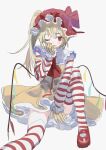  1984_(cw1000110) 1girl alternate_color ascot blonde_hair blush collared_dress commentary_request crossed_bangs crystal_wings dress fang flandre_scarlet frills gloves hair_between_eyes hand_up hat hat_ribbon highres long_hair long_sleeves looking_at_viewer mcdonald&#039;s mob_cap multicolored_wings one_eye_closed open_mouth pinafore_dress puffy_long_sleeves puffy_sleeves purple_ribbon red_ascot red_eyes red_hat red_shoes ribbon ronald_mcdonald shirt shoes side_ponytail simple_background sitting skin_fang sleeveless sleeveless_dress solo striped_clothes striped_shirt striped_thighhighs thighhighs touhou white_background white_shirt white_thighhighs wings yellow_dress yellow_gloves 