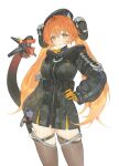  1girl absurdres asymmetrical_gloves black_hat black_horns black_pantyhose cowboy_shot dragon_girl dragon_horns fingerless_gloves gloves gyechan_(3bib1m) hair_between_eyes hand_on_own_hip hat highres hood hooded_coat horns long_hair looking_at_viewer magus_(zenless_zone_zero) mechanical_tail mismatched_gloves orange_pupils orpheus_(zenless_zone_zero) pantyhose simple_background single_fingerless_glove tail yellow_gloves zenless_zone_zero zettai_ryouiki 