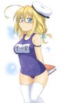 ahoge arm_behind_back blonde_hair blue_eyes blush book breasts glasses hat i-8_(kantai_collection) kantai_collection kazawa_(tonzura-d) large_breasts looking_at_viewer one-piece_swimsuit red-framed_eyewear school_swimsuit short_hair smile solo swimsuit thighhighs white_legwear 