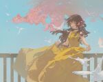 1girl absurdres animal balcony bare_arms bird black_choker blue_sky breasts brown_hair cherry_blossoms cherry_tree choker commentary_request day dove dress falling_feathers feathers feet_out_of_frame floating_clothes floating_hair hair_over_shoulder hair_ribbon happy highres lace-trimmed_dress lace_trim large_breasts long_dress long_hair miren_de_du_nan open_mouth original outdoors railing red_eyes red_ribbon ribbon simple_bird sky sleeveless sleeveless_dress smile solo standing sunlight wavy_hair white_bird wispy_bangs yellow_dress 