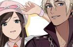  1boy 1girl ace_attorney ace_attorney_investigations aged_down amikoiiko apollo_justice:_ace_attorney blonde_hair blue_eyes brown_hair chain chain_necklace dress_shirt drop_shadow ema_skye eyewear_on_head fingernails hand_up hat highres jewelry klavier_gavin lab_coat long_hair looking_at_viewer looking_to_the_side mismatched_eyebrows necklace necktie newsboy_cap pink-tinted_eyewear pink_hat pink_shirt popped_collar portrait purple_shirt red_necktie round_eyewear shirt short_hair simple_background smile sternocleidomastoid_muscle striped_necktie sunglasses tinted_eyewear two-tone_necktie watch white-framed_eyewear white_background wristwatch yellow_necktie 