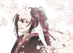  1010923 1boy bishounen black_hair black_hanfu blurry branch cherry_blossoms chinese_clothes closed_mouth falling_petals flower grey_eyes hair_between_eyes hair_ribbon hanfu high_ponytail highres long_hair looking_at_viewer male_focus modao_zushi petals ponytail red_ribbon ribbon sidelocks simple_background smile solo twitter_username upper_body watermark wei_wuxian white_background white_flower 