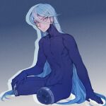  1boy androgynous blue_background blue_bodysuit blue_eyes blue_hair bodysuit collarbone commentary_request covered_navel cyborg exposed_internal_machinery gradient_background groin_tendon headphones linea_alba long_hair looking_to_the_side male_focus missing_limb original shinku_castle sitting solo toned toned_male very_long_hair white_background white_streaks 