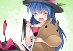  ^_^ blue_hair blush bow closed_eyes commentary_request food fruit hammer_(sunset_beach) hat hinanawi_tenshi horse_head long_hair open_mouth peach smile solo touhou upper_body whip 