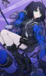  abigail_(black_survival) absurdres black_boots black_hair black_shirt black_skirt black_survival blue_jacket boots cuffs eternal_return:_black_survival green_eyes grey_necktie handcuffs highres holster jacket knee_boots long_hair necktie shirt skirt thigh_holster thighs xueding&#039;e_de_chou_xiongmao 