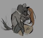 anthro bottomwear clothing duo elf female gnoll hair happy hug humanoid hyena infezmite interspecies long_hair love male male/female mammal pants spotted_hyena tail tail_motion tailwag topwear