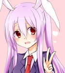  alternate_hairstyle animal_ears blazer blush bunny_ears dress_shirt embarrassed jacket long_hair long_sleeves looking_at_viewer necktie open_mouth pink_background purple_hair red_eyes reisen_udongein_inaba shirt simple_background solo touhou v very_long_hair wavy_mouth white_shirt yukina_(masyumaro610) 