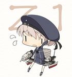  amakara_surume arm_up ascot blue_dress brown_hair chibi clothes_writing dress flying_sweatdrops hat kantai_collection machinery sailor_hat short_hair solo z1_leberecht_maass_(kantai_collection) |_| 