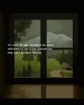  dark dim_lighting dirt_road english_text fence forest highres house mountainous_horizon muted_color nature onlypixeeels original pixel_art road scenery tree window_light wooden_fence 
