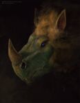 ambiguous_form ambiguous_gender beady_eyes blue_body blue_eyes facial_horn fur glistening glistening_eyes hi_res horn mouth_closed nose_horn orange_body orange_fur satanic_monkey solo species_request