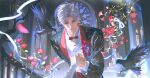  1boy animal bird black_jacket bow bowtie collar collared_jacket collared_shirt crow dress_shirt female_pov flower highres holding_hands jacket long_sleeves looking_at_viewer love_and_deepspace male_focus maosen parted_bangs pink_flower pov red_bow red_bowtie red_collar red_eyes shirt suit_jacket sylus_(love_and_deepspace) upper_body wedding_suit white_hair white_shirt 